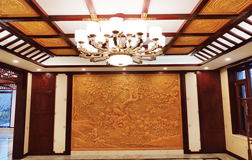 建瓯中式别墅客厅中式木作横梁吊顶装饰展示